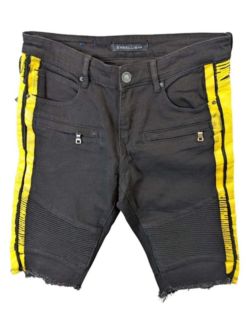 Embellish Denim Shorts Men size 30 Black Yellow Paint Stripe Stretch Grunge Edgy